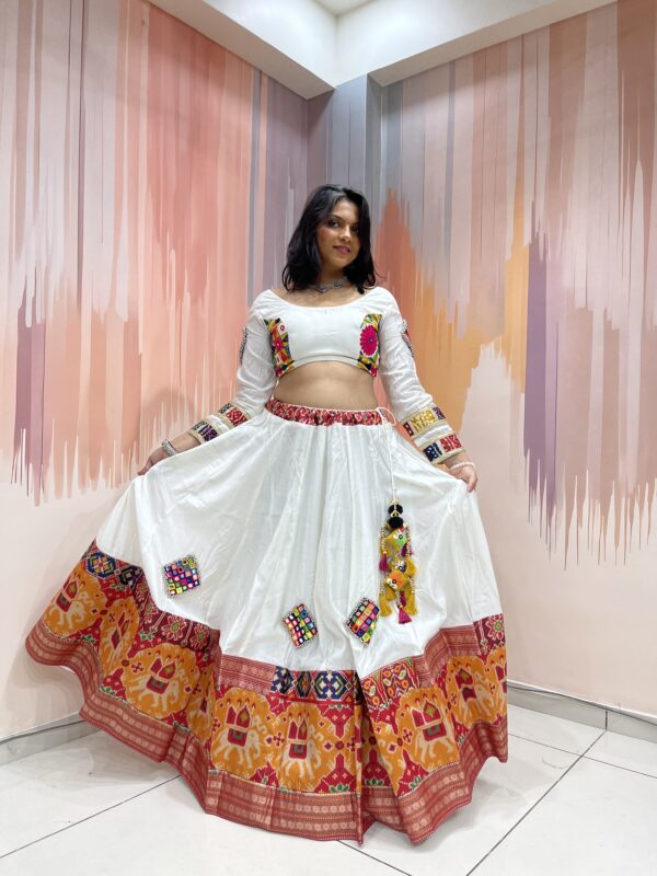 Elegant White Chaniya Choli with Multicolour Patchwork Dupatta & Elephant Border – Meera’s Lehenga - Image 8