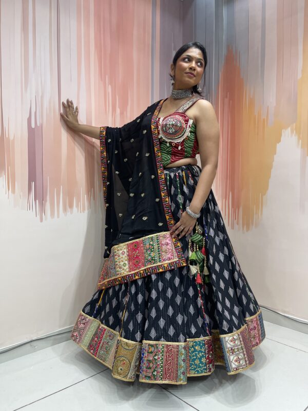 Black Bandhani Navratri Chaniya Choli with Kutchi Embroidered Blouse & Dupatta – Traditional Gujarati Garba Lehenga Set - Image 2