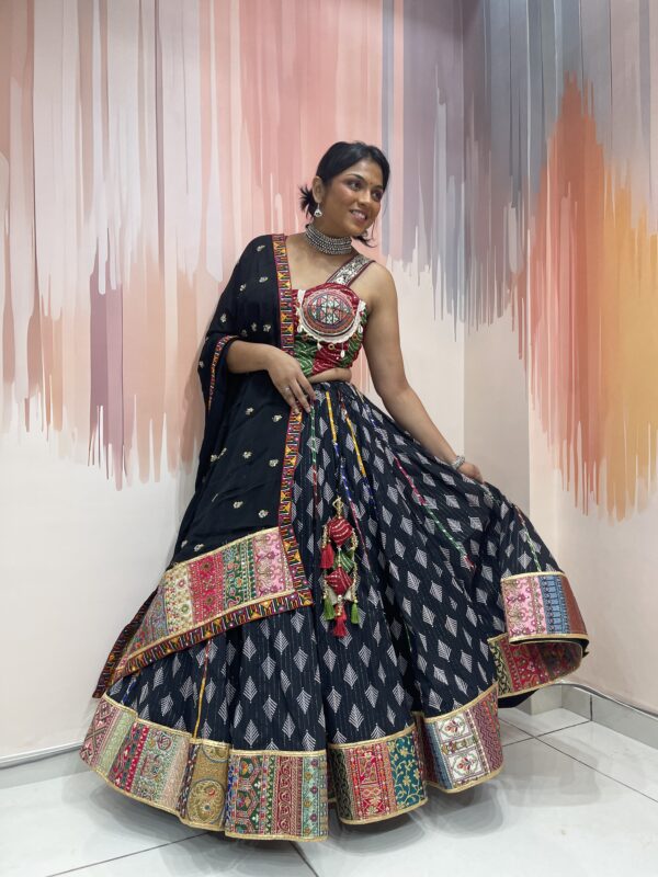 Black Bandhani Navratri Chaniya Choli with Kutchi Embroidered Blouse & Dupatta – Traditional Gujarati Garba Lehenga Set - Image 3