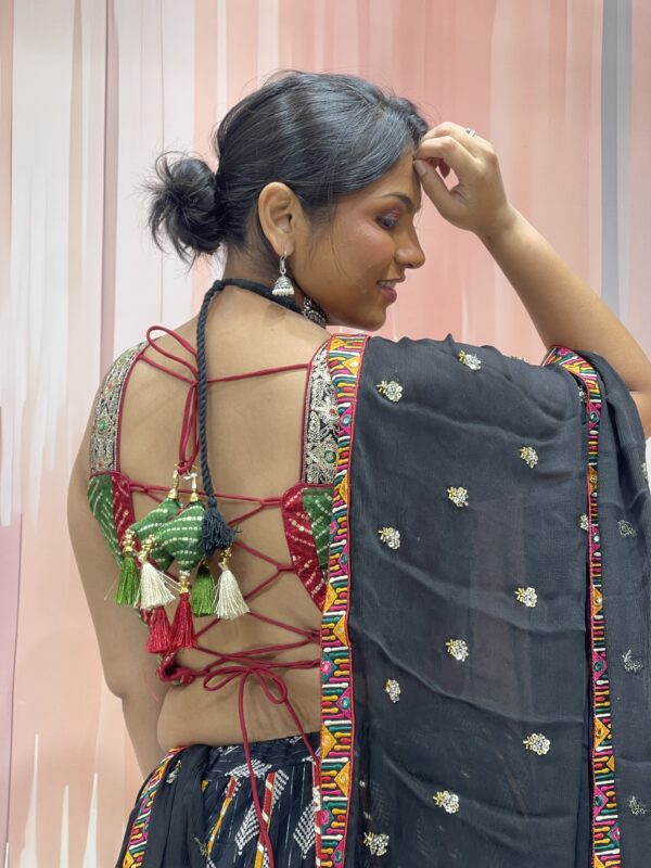 Black Bandhani Navratri Chaniya Choli with Kutchi Embroidered Blouse & Dupatta – Traditional Gujarati Garba Lehenga Set - Image 5