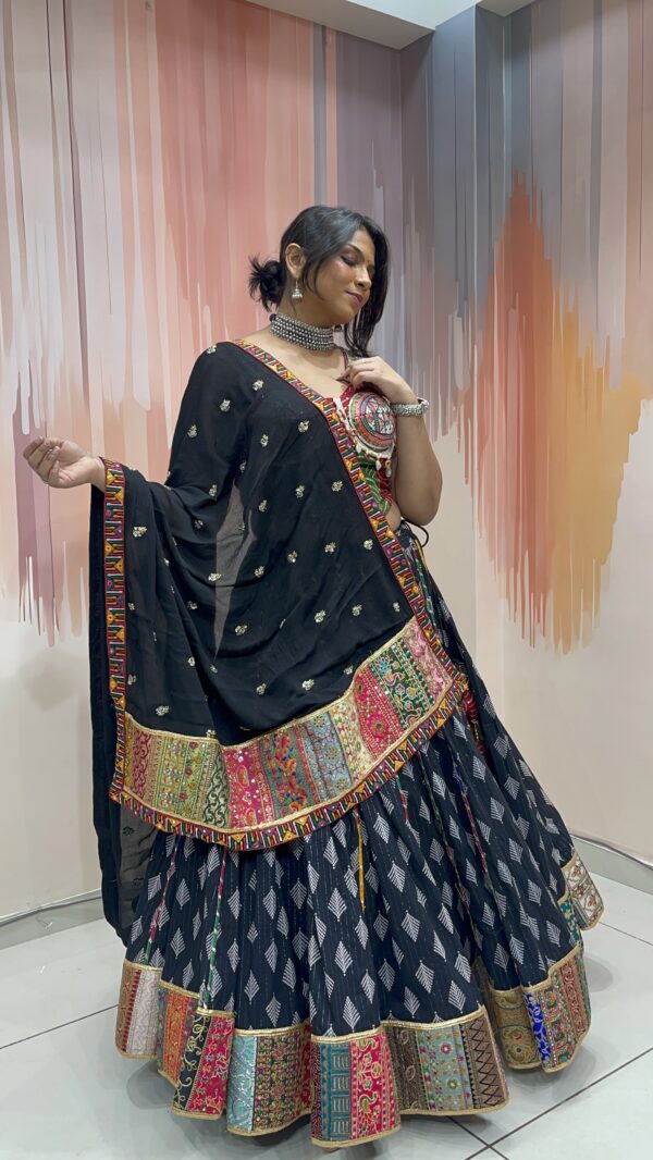 Black Bandhani Navratri Chaniya Choli with Kutchi Embroidered Blouse & Dupatta – Traditional Gujarati Garba Lehenga Set - Image 7