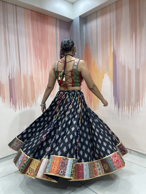 Black Bandhani Navratri Chaniya Choli with Kutchi Embroidered Blouse & Dupatta – Traditional Gujarati Garba Lehenga Set - Image 8