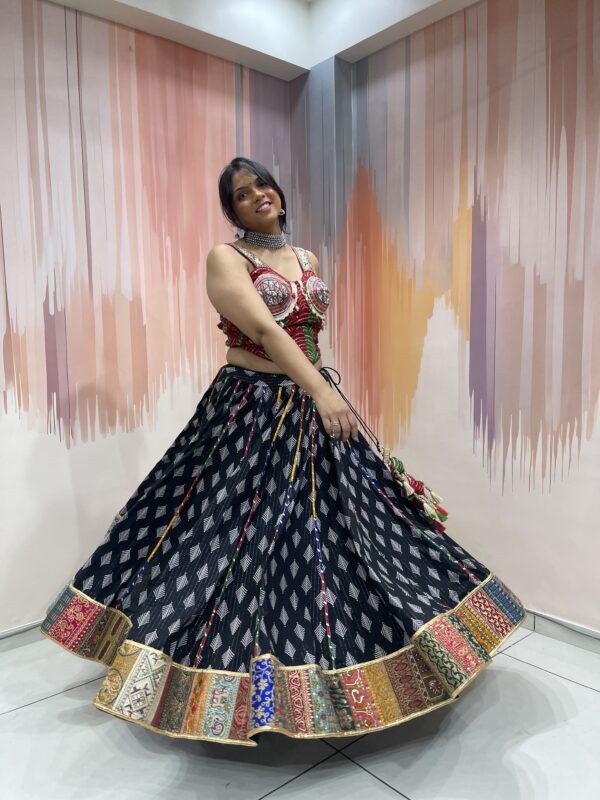 Black Bandhani Navratri Chaniya Choli with Kutchi Embroidered Blouse & Dupatta – Traditional Gujarati Garba Lehenga Set - Image 9