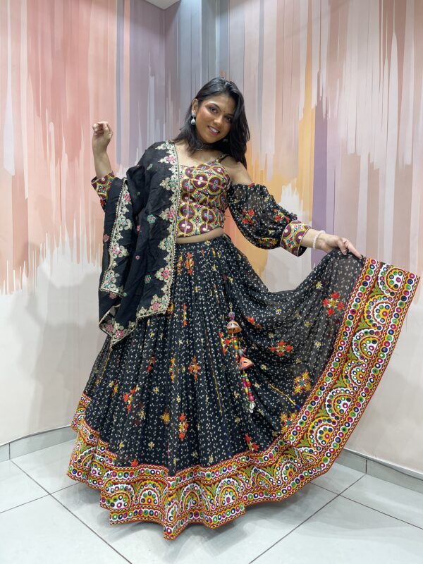 Black Embroidered Navratri Chaniya Choli Set with Kutchi Mirror Work Blouse and Dupatta – Traditional Garba Lehenga from Gujarat - Image 4