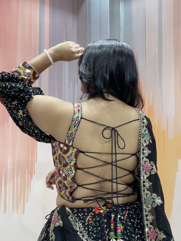 Black Embroidered Navratri Chaniya Choli Set with Kutchi Mirror Work Blouse and Dupatta – Traditional Garba Lehenga from Gujarat - Image 6