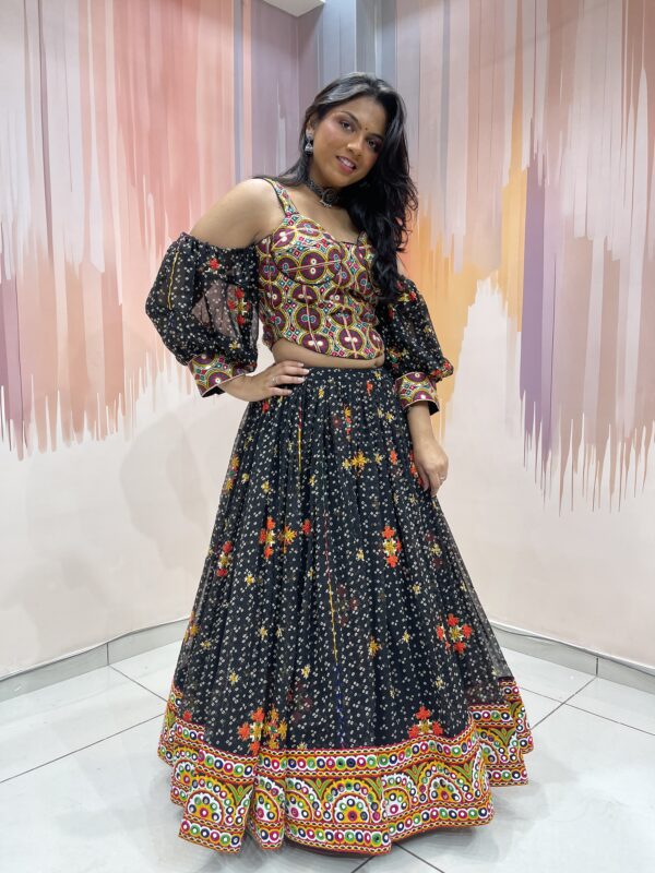 Black Embroidered Navratri Chaniya Choli Set with Kutchi Mirror Work Blouse and Dupatta – Traditional Garba Lehenga from Gujarat - Image 7