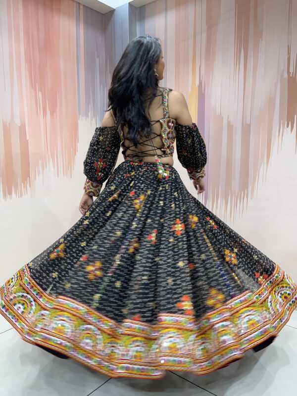 Black Embroidered Navratri Chaniya Choli Set with Kutchi Mirror Work Blouse and Dupatta – Traditional Garba Lehenga from Gujarat - Image 8