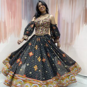 Black Embroidered Navratri Chaniya Choli Set with Kutchi Mirror Work Blouse and Dupatta – Traditional Garba Lehenga from Gujarat