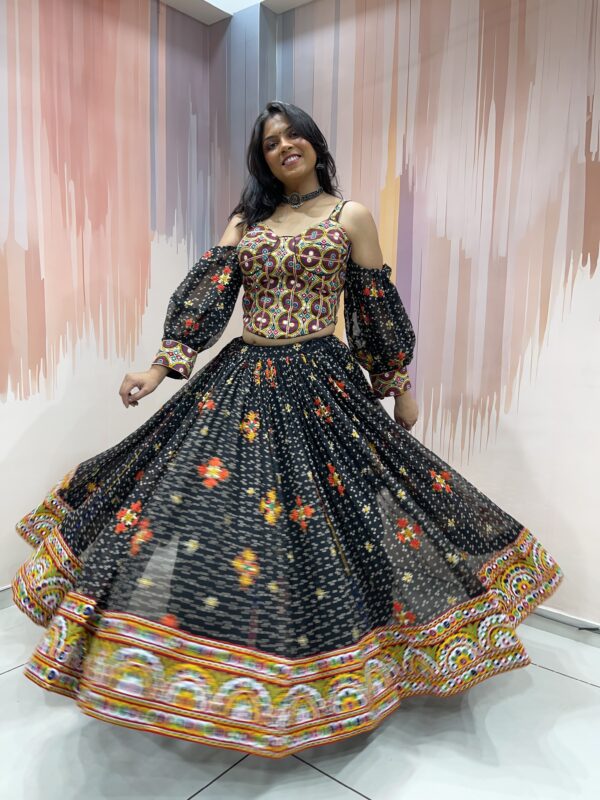 Black Embroidered Navratri Chaniya Choli Set with Kutchi Mirror Work Blouse and Dupatta – Traditional Garba Lehenga from Gujarat