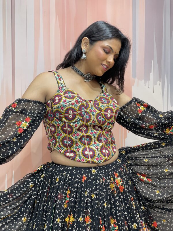 Black Embroidered Navratri Chaniya Choli Set with Kutchi Mirror Work Blouse and Dupatta – Traditional Garba Lehenga from Gujarat - Image 9