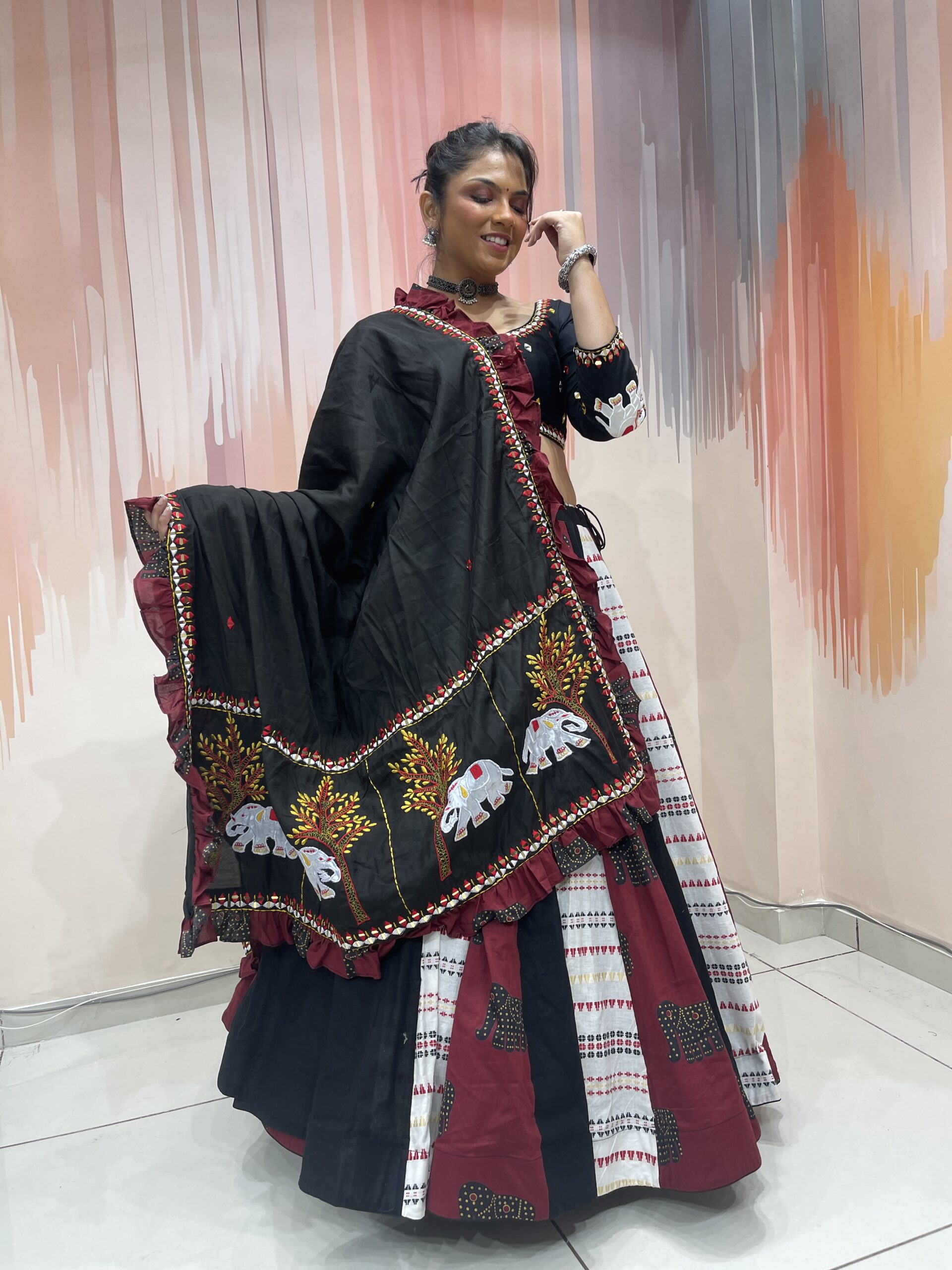 Majestic Black and Maroon Chaniya Choli Set with Elephant Embroidery and Ruffle Dupatta – Meera’s Lehenga