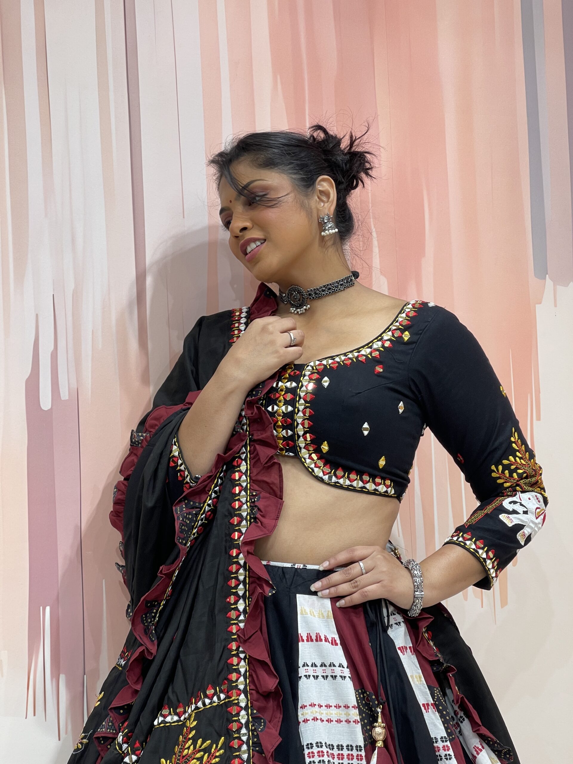 Majestic Black and Maroon Chaniya Choli Set with Elephant Embroidery and Ruffle Dupatta – Meera’s Lehenga - Image 3