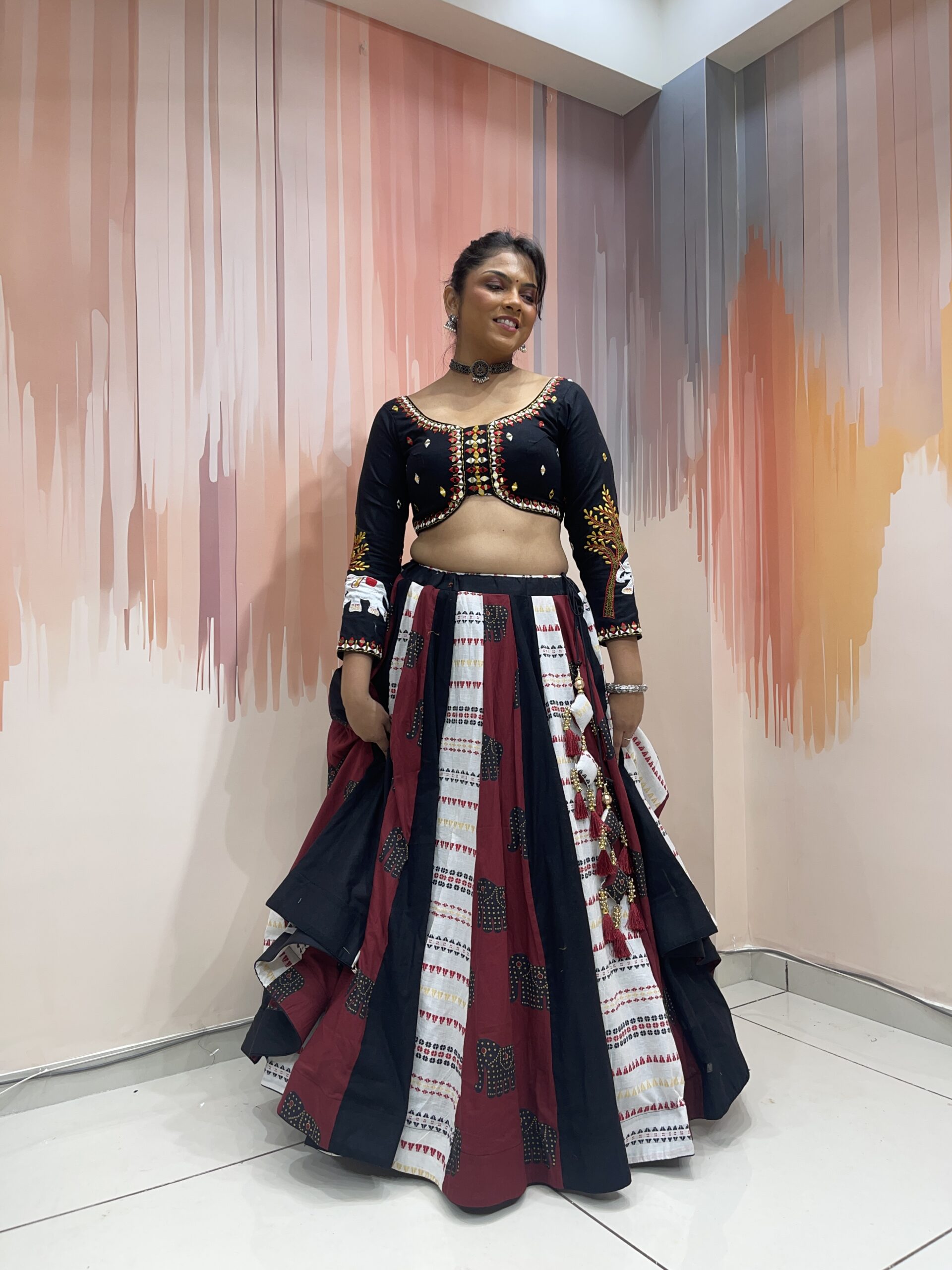 Majestic Black and Maroon Chaniya Choli Set with Elephant Embroidery and Ruffle Dupatta – Meera’s Lehenga - Image 5