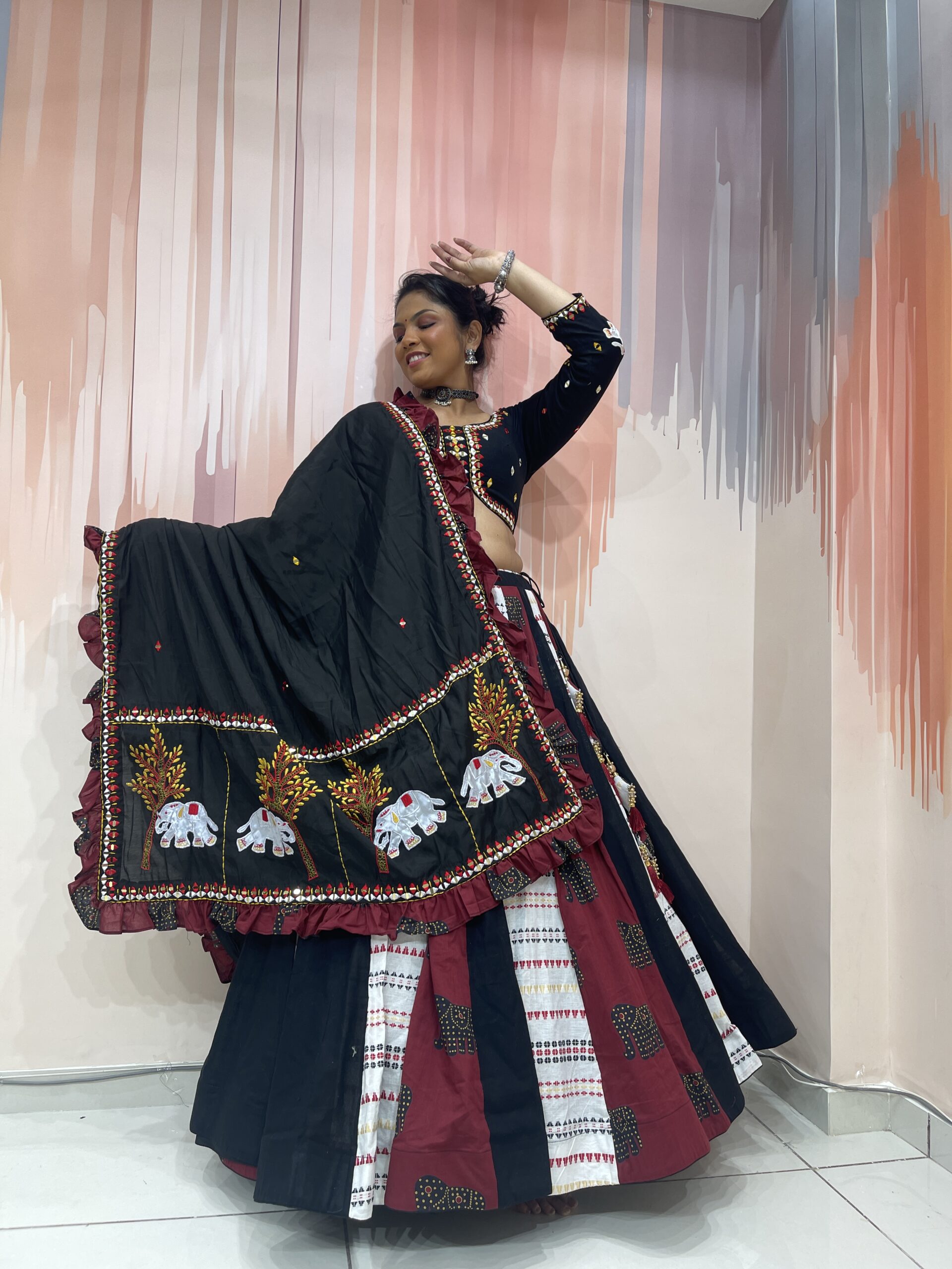 Majestic Black and Maroon Chaniya Choli Set with Elephant Embroidery and Ruffle Dupatta – Meera’s Lehenga - Image 6